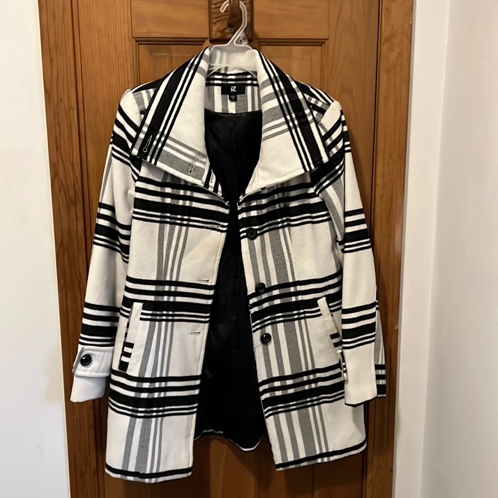 Womens white coat with black and grey stripes